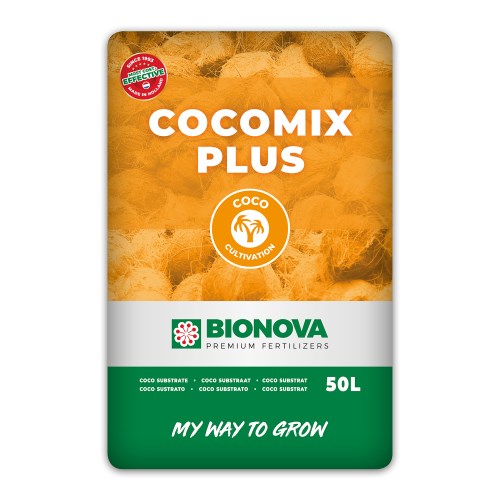 Zak Bio Nova Cocomix Plus 50 liter – gebufferd kokossubstraat voor planten, geschikt voor binnen- en buitenteelt