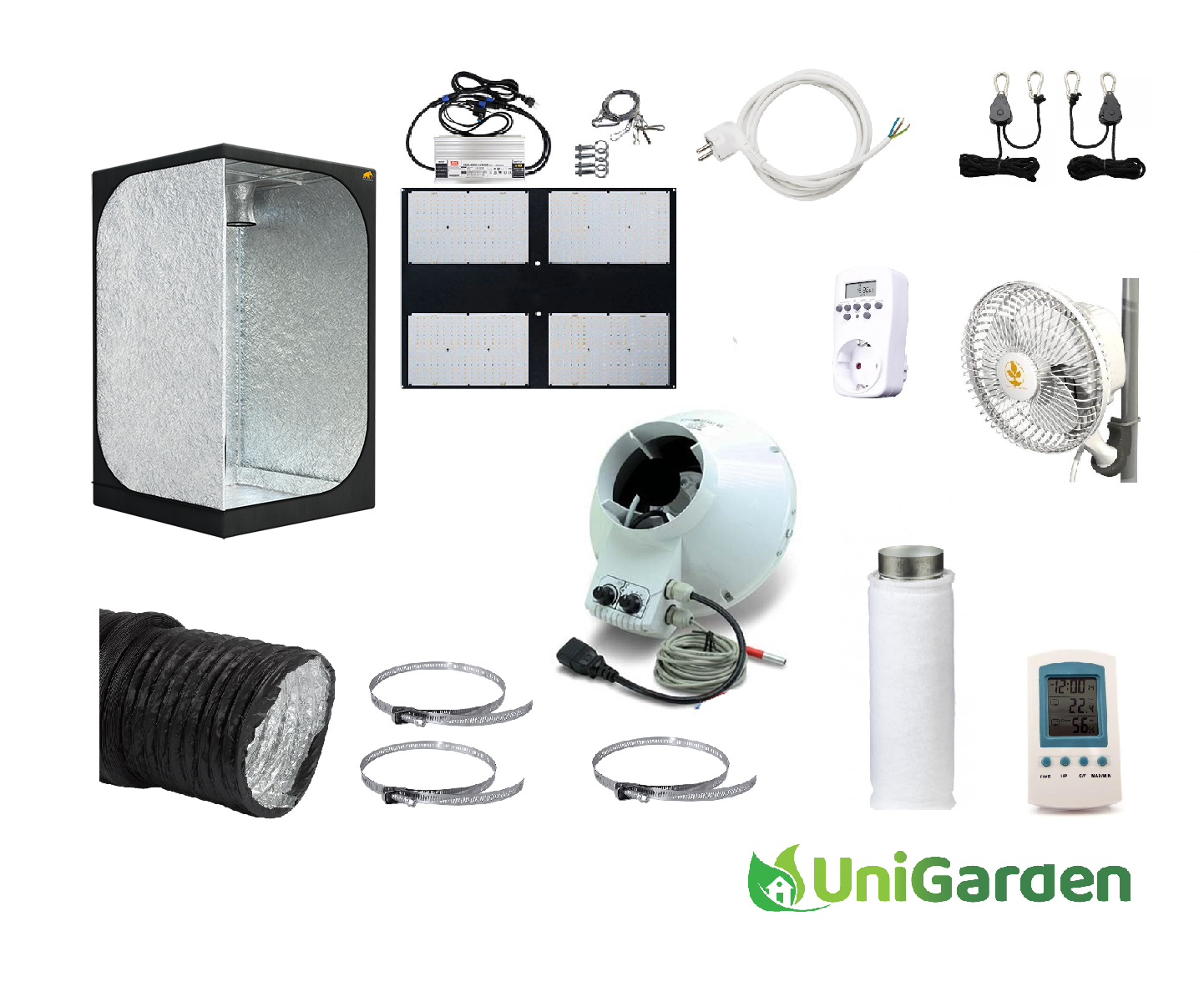 Mammoth Lite 120x120x200 cm kweektentset met DLG 650W LED, Vents VK 150 R afzuiger, Can Lite filter en complete accessoires voor binnenkweek.