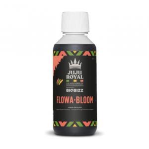 Fles BioBizz Flowa·Bloom – biologische bloeibooster voor planten in flesverpakking met groene en roze etiketten