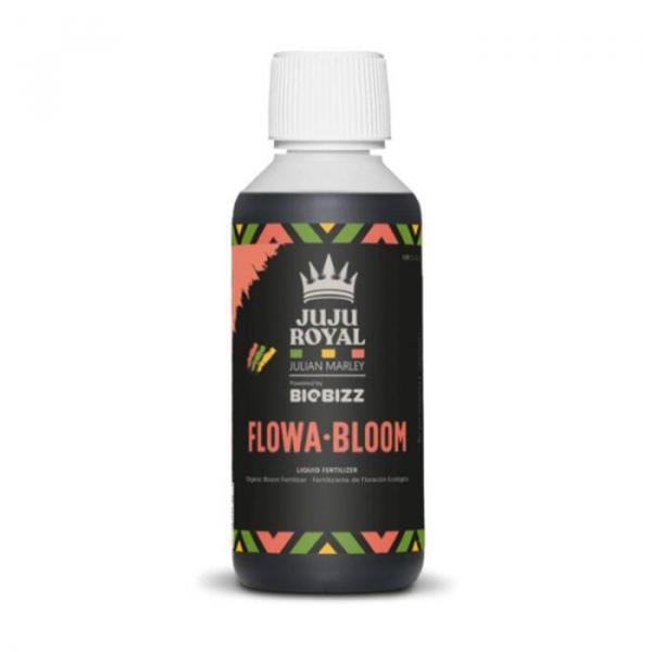 Fles BioBizz Flowa·Bloom – biologische bloeibooster voor planten in flesverpakking met groene en roze etiketten