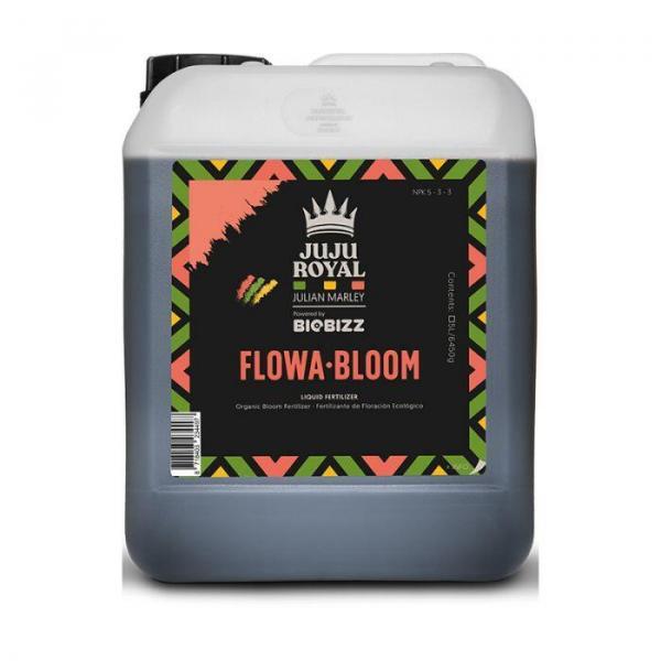 Fles BioBizz Flowa·Bloom – biologische bloeibooster voor planten in flesverpakking met groene en roze etiketten